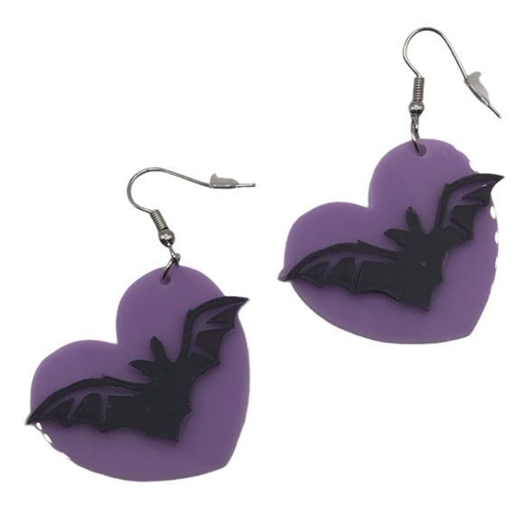 Bat & Purple Heart Acrylic Earrings - Picture 1 of 4